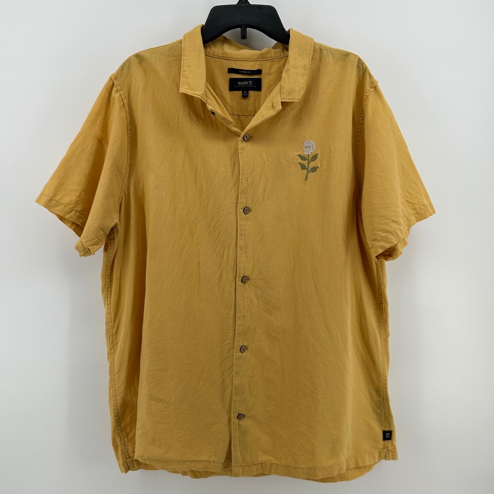 Roark Button Down Shirt Mens XL Yellow Skull Flower Cotton Linen Adventure Top